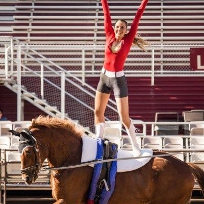 Vaulter performs a raised-arm pose while standing on a moving horse